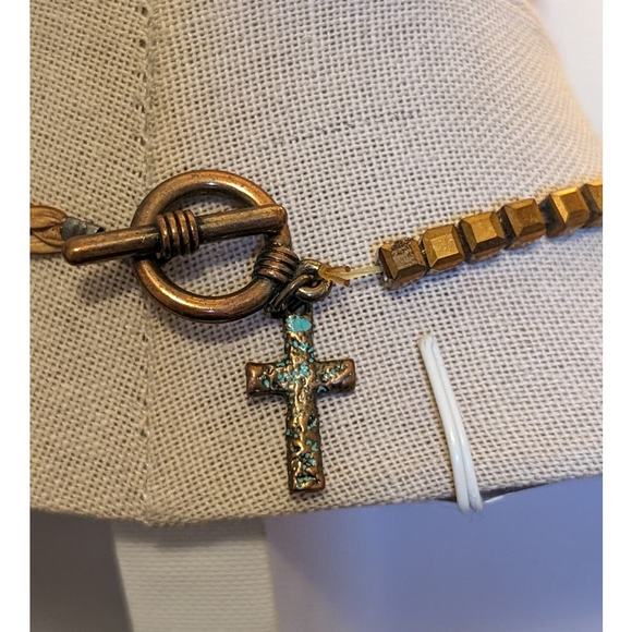 Turquoise Bead, Bronze, Copper, Braided Cord, Toggle Clasp Cross Charm Necklace - Picture 9 of 12